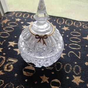 Crystal Trinket Box with Gold Bow Accent Vintage Lead Crystal  Dish